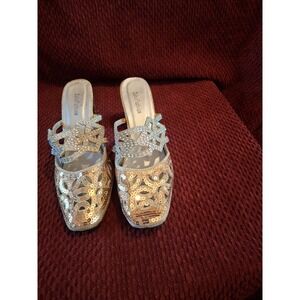 John Fashion Slip On Silver Sequin & Rhinestone Heels Sz. 9